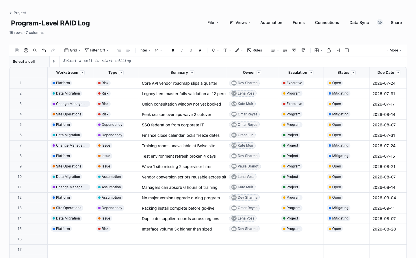 Program-Level RAID Log: raid log template screenshot
