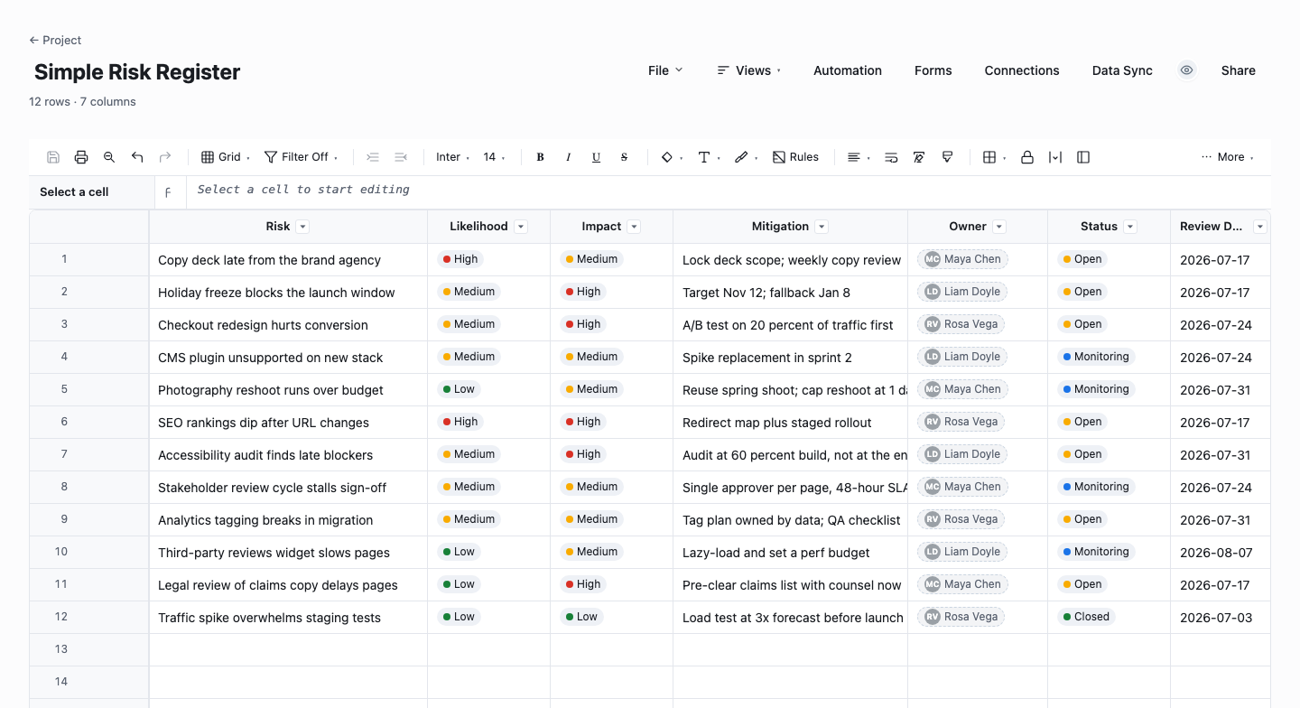 Simple Risk Register: raid log template screenshot