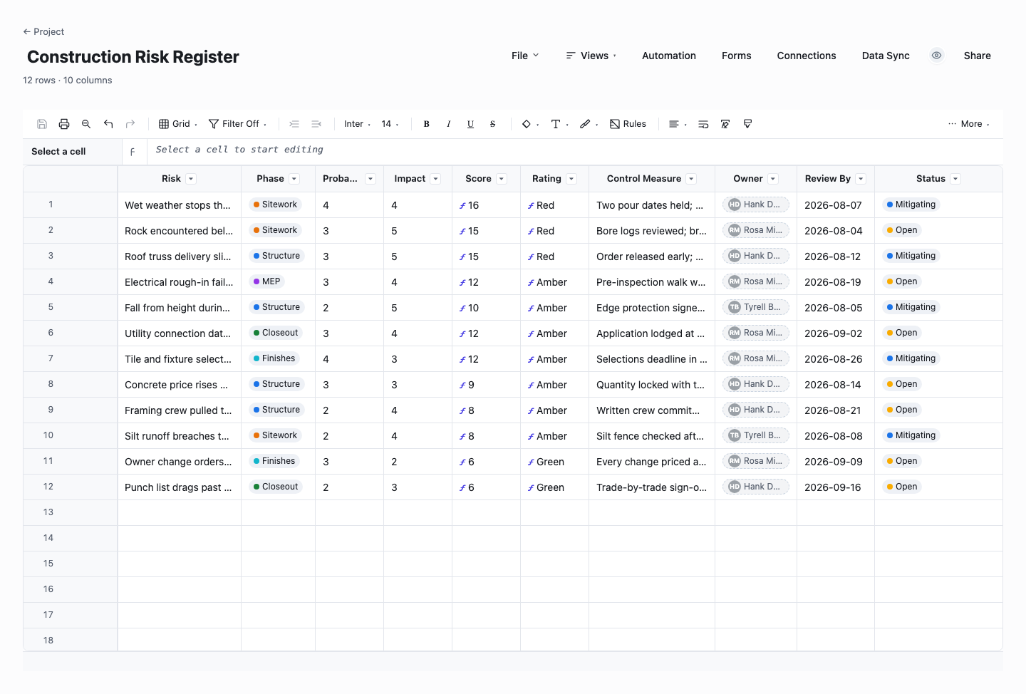Construction Risk Register: risk register template screenshot