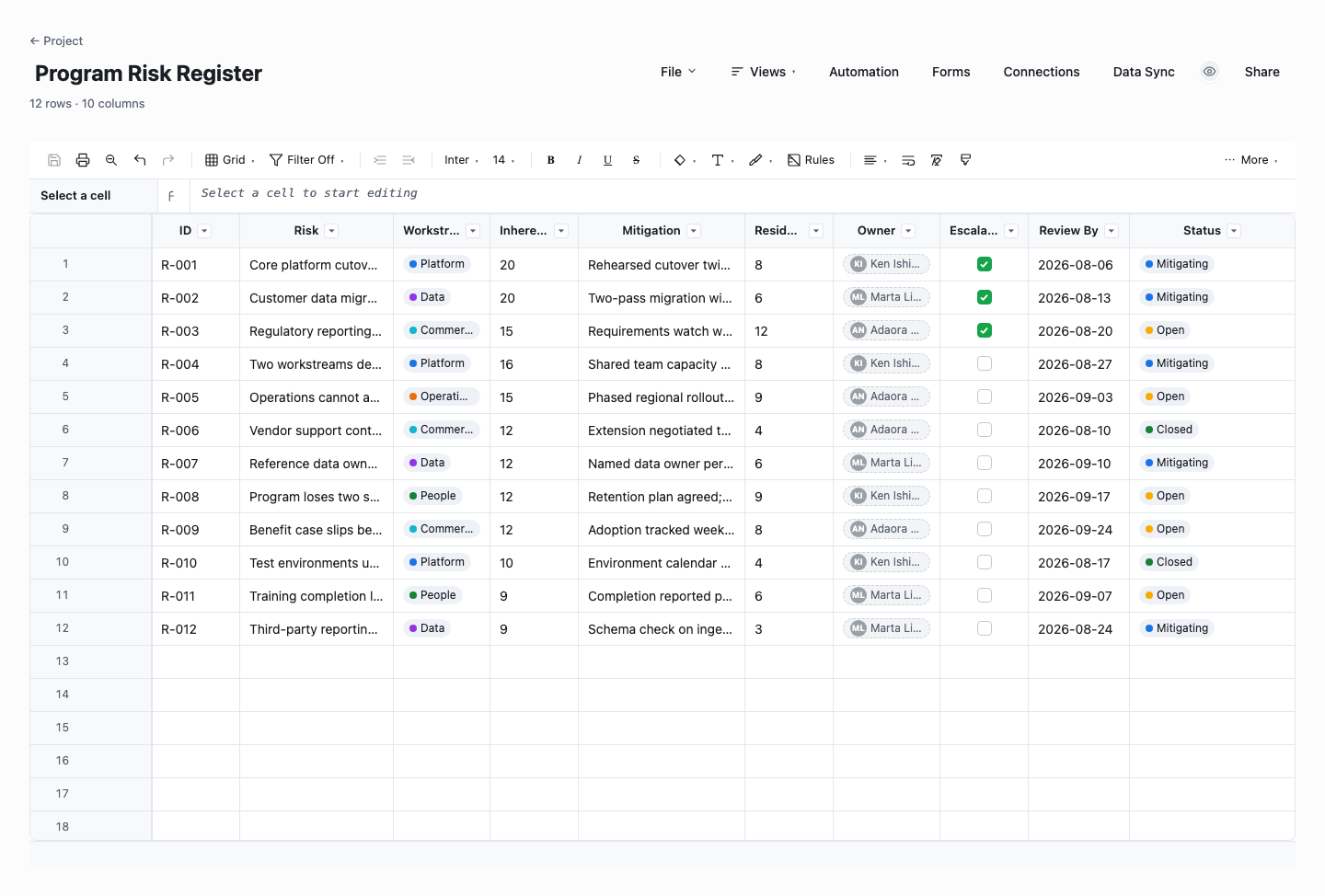 Program Risk Register: risk register template screenshot
