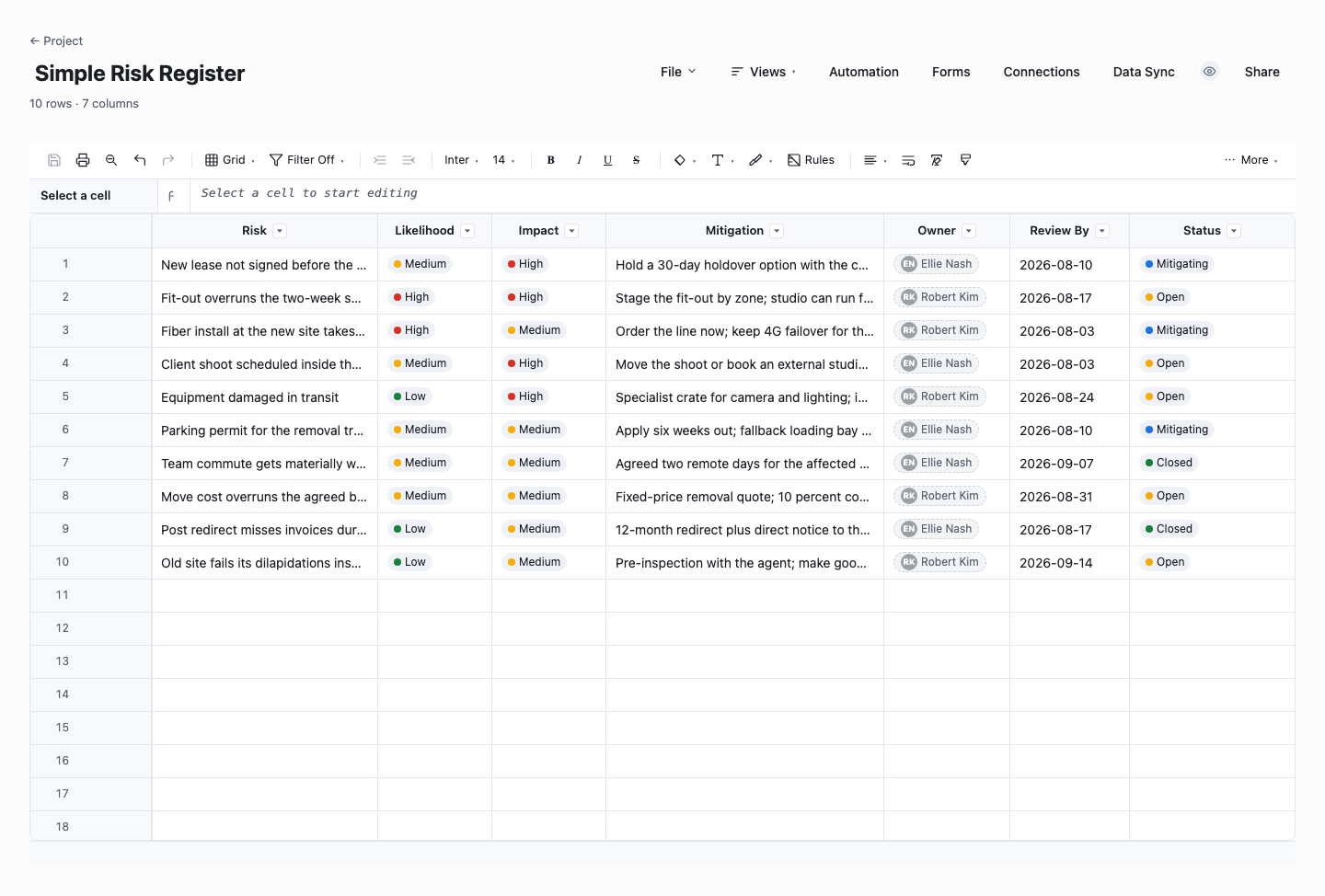 Simple Risk Register: risk register template screenshot