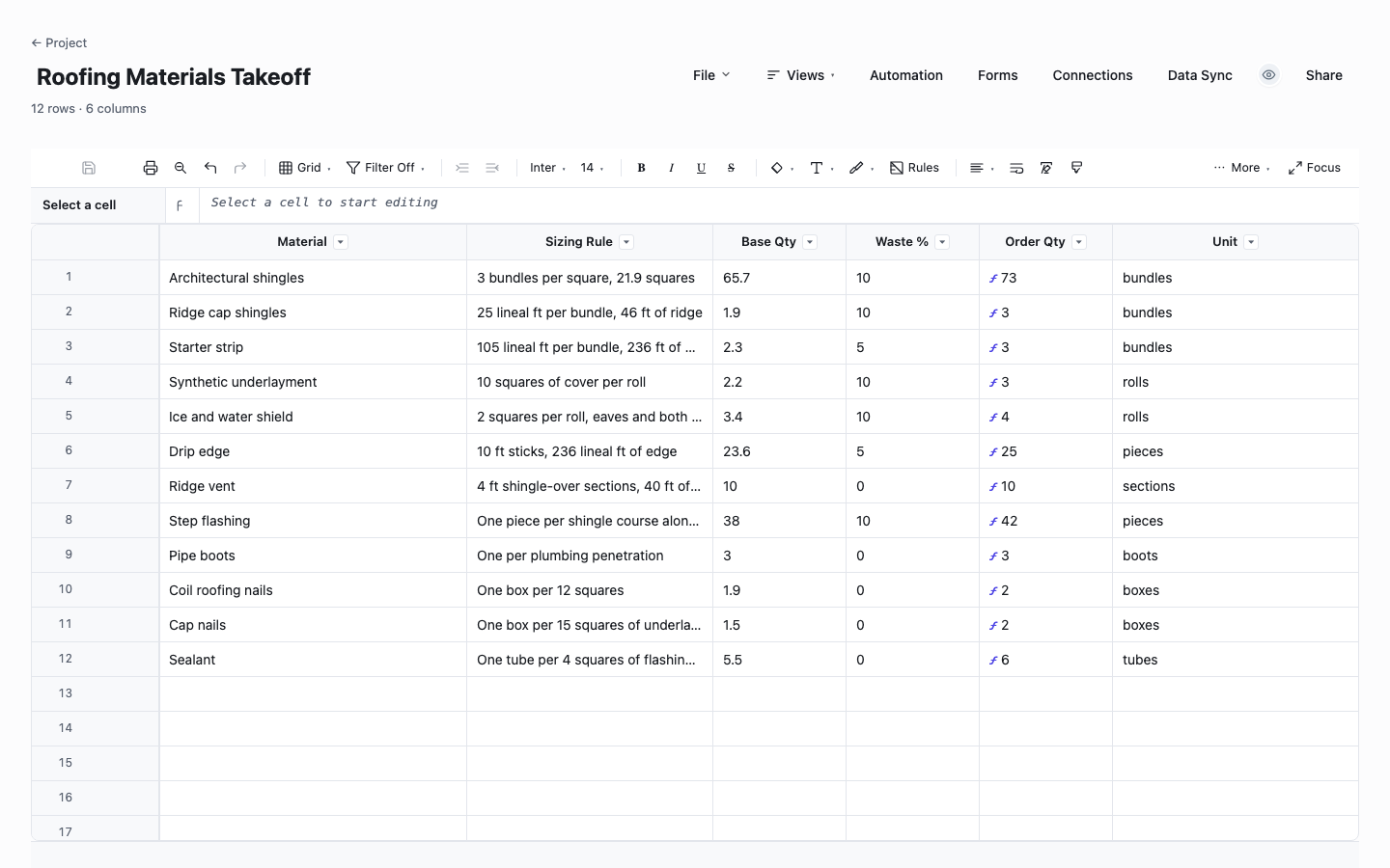 Roofing Materials Takeoff: roofing estimate template screenshot