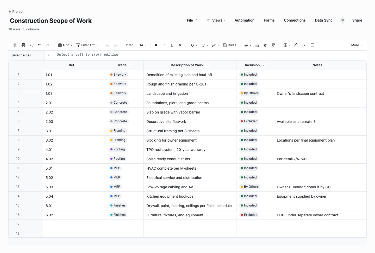 Construction Scope of Work: scope of work template screenshot