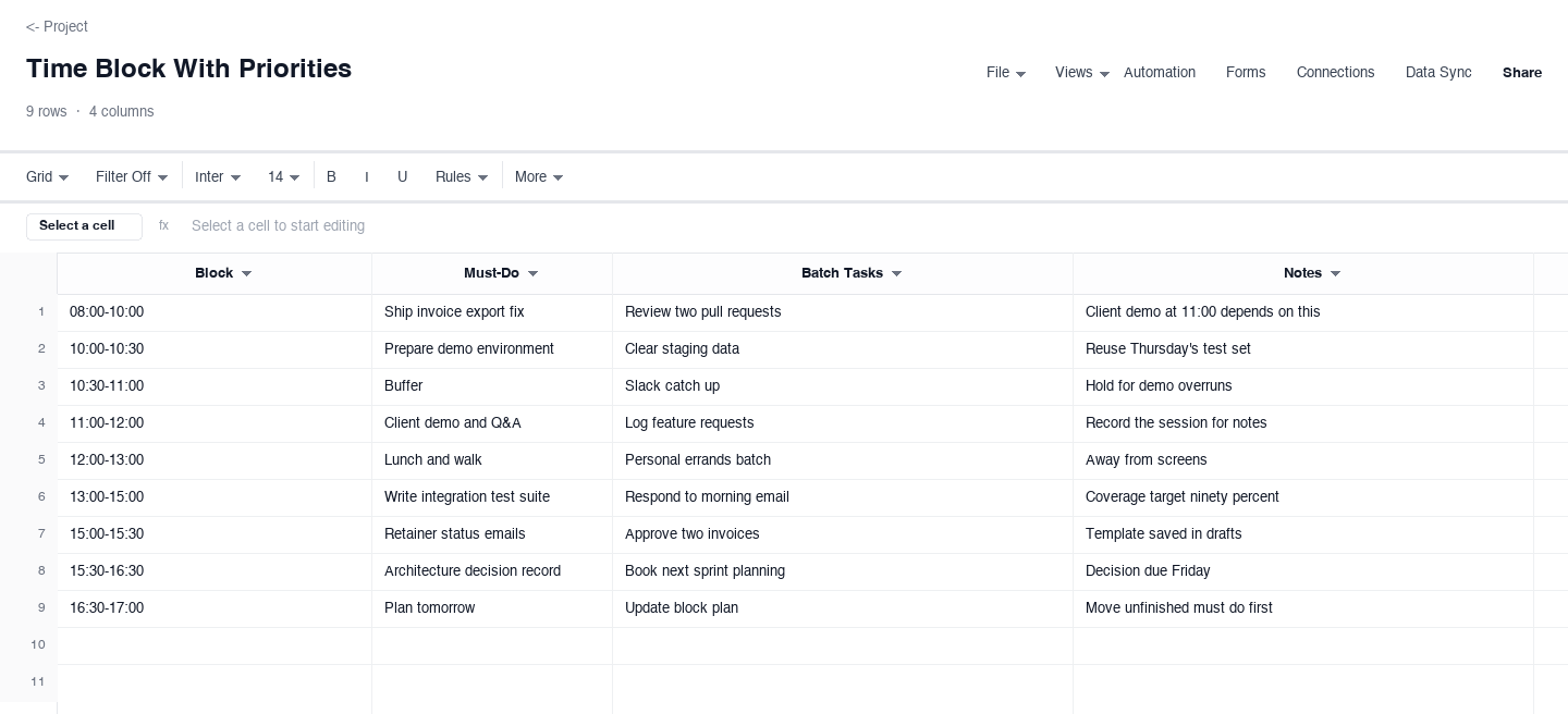 Time Block With Priorities: time blocking template screenshot