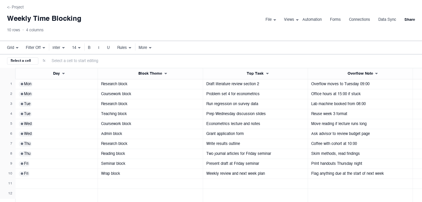 Weekly Time Blocking: time blocking template screenshot