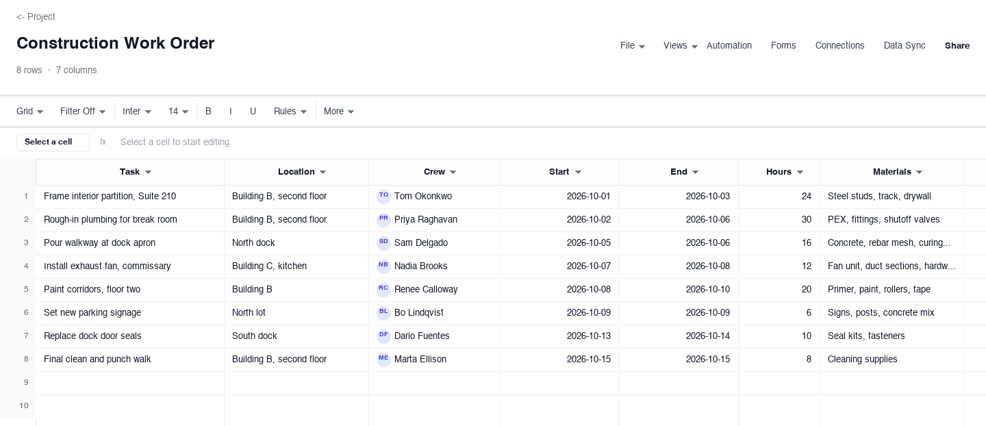 Construction Work Order: work order template screenshot