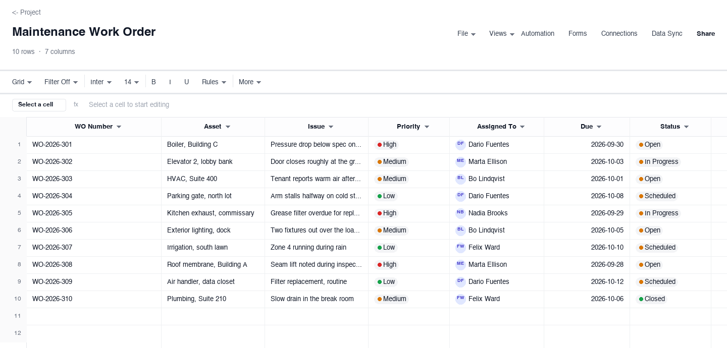 Maintenance Work Order: work order template screenshot