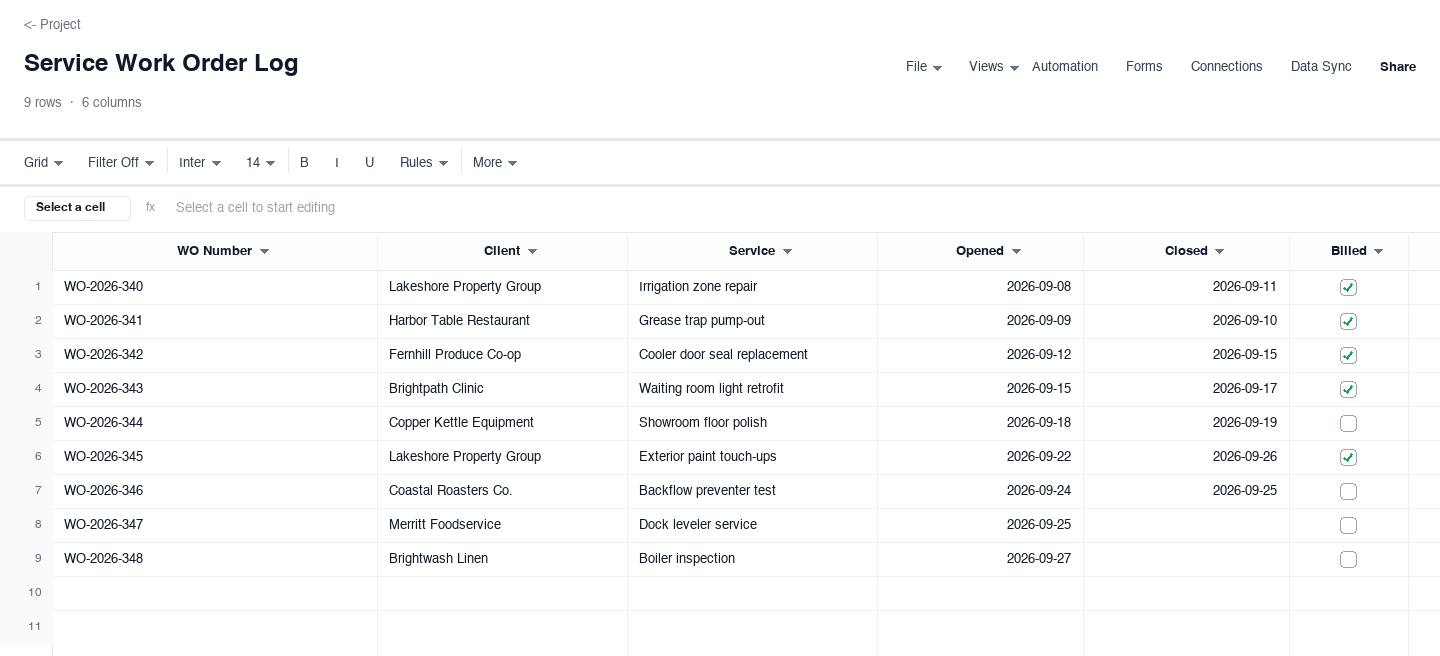 Service Work Order Log: work order template screenshot