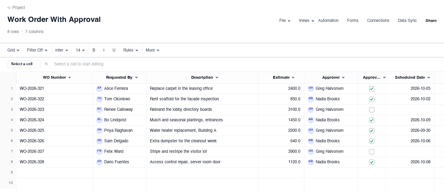 Work Order With Approval: work order template screenshot