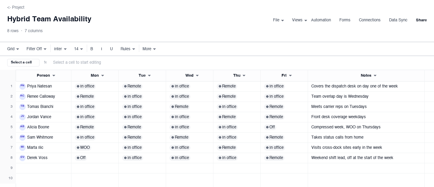 Hybrid Team Availability: work schedule template screenshot